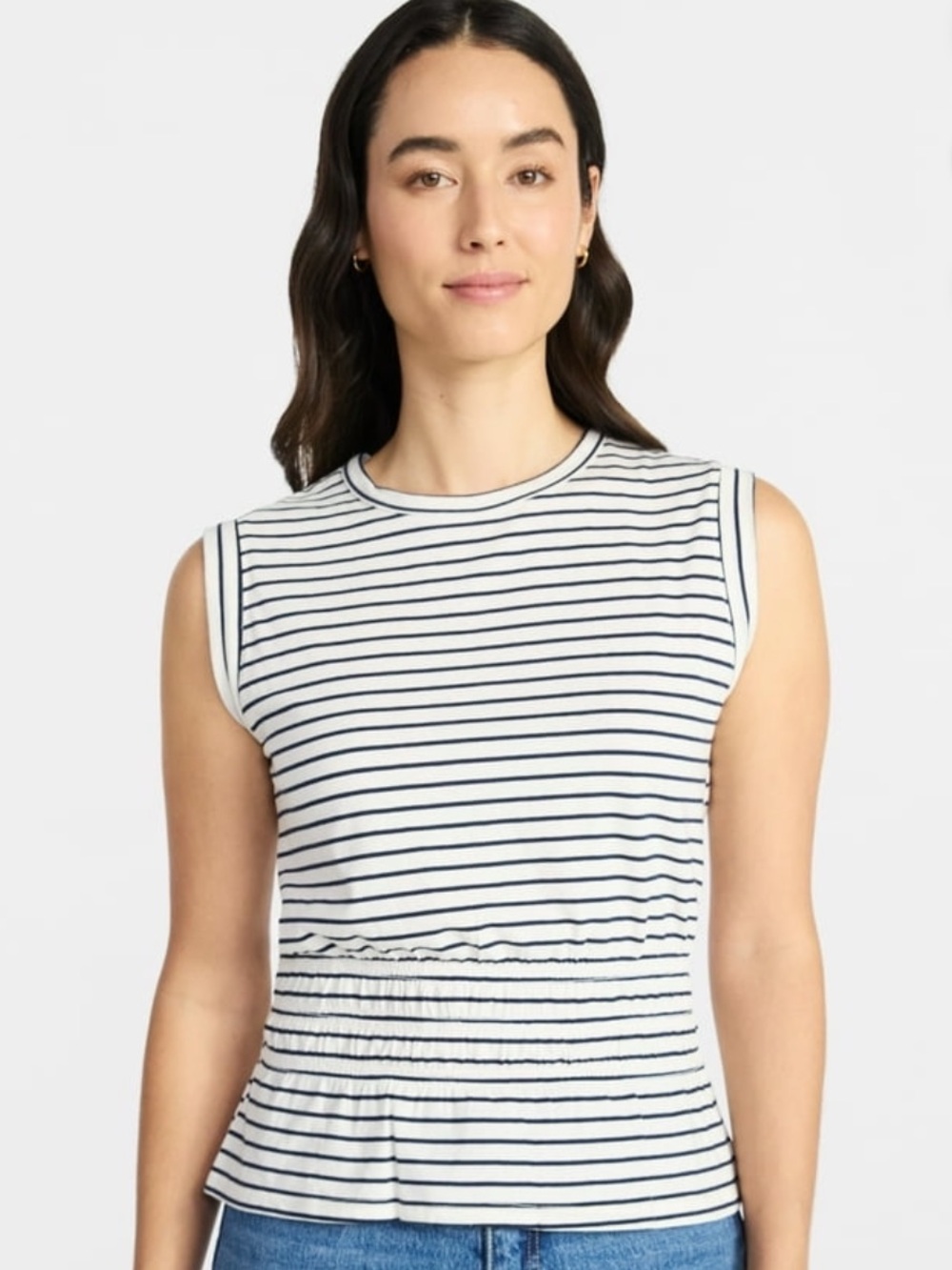 Time and Tru Navy and White Striped Sleeveless Tee with Peplum